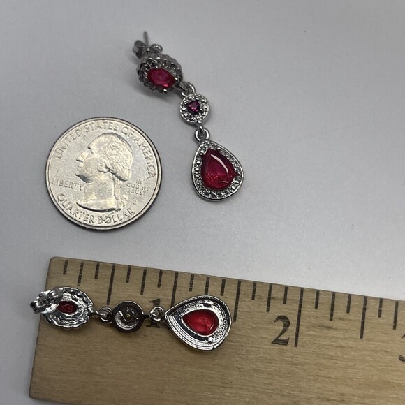 Teardrop Triple Drop Silver Tone & Pink Fuchsia Glass Statement Earrings New - Picture 6 of 6